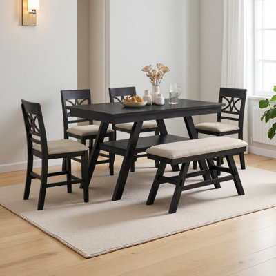 Ensemble de table de salle à manger 6 pièces à hauteur de comptoir en bois avec tablette de rangement, ensemble de table de cuisine avec banc et 4 chaises, style rustique
