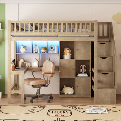 Lit mezzanine simple en bois avec bureau intégré, DEL, tablettes de rangement, armoires et escalier