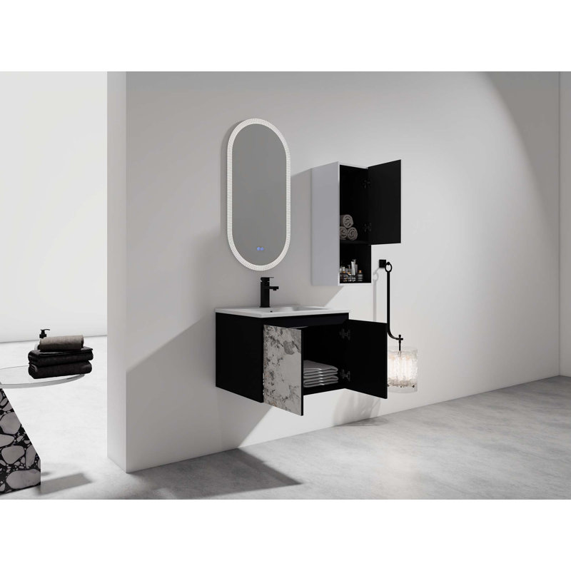 Meuble-lavabo mural avec lavabo en céramique et armoire latérale et portes à fermeture douce, armoire combinée, 24"