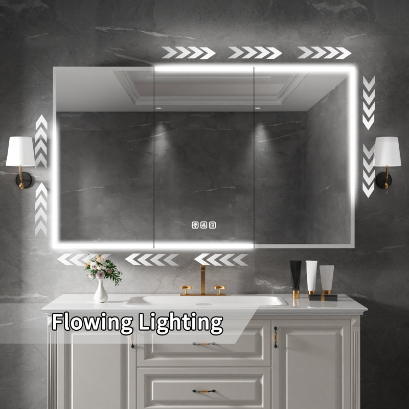 60 In. W X 36 In. H Rectangular Aluminum LED Medicine Cabinet with Mirror and Flowing Light, Dimmable, Anti-Fog, Black