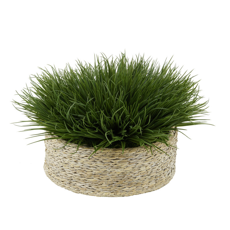 Faux Grass in Wicker/Rattan Basket, Green, Natural, 13" H x 20" W x 20" D