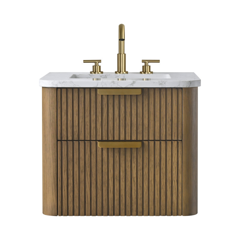 Liljan 24'' Wall-Mounted Single Bathroom Vanity with Engineered Stone Top, Aged Oak/Brushed Bronze