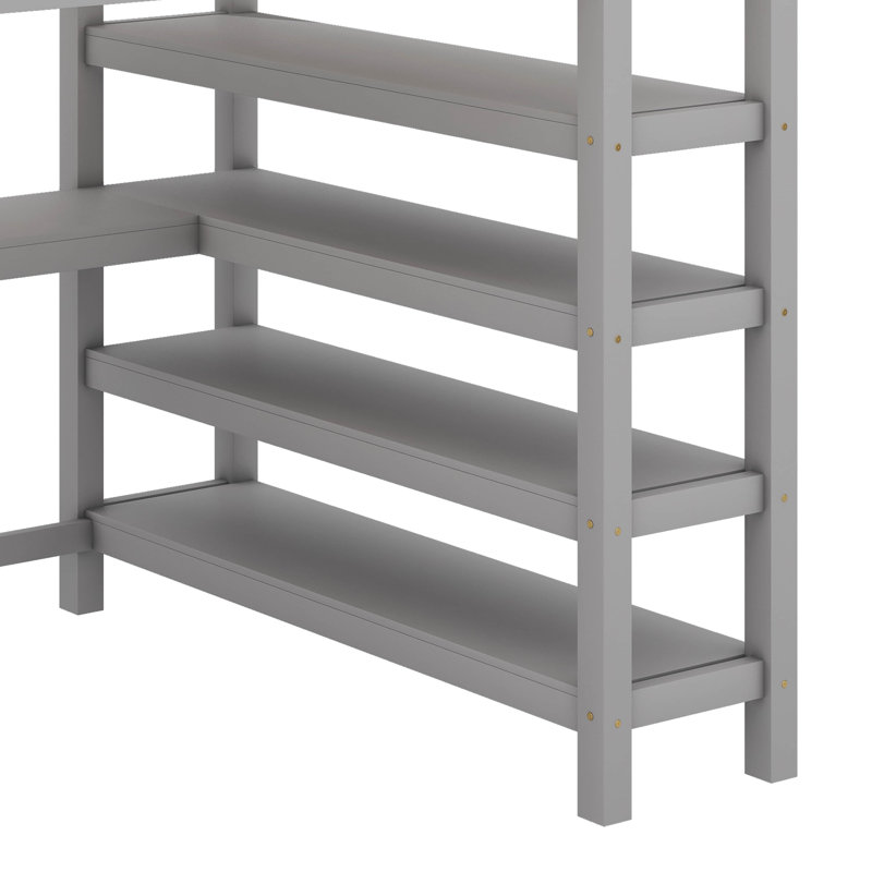 Lit mezzanine avec tablettes de rangement intégrées et bureau sous le lit, Double, Gris