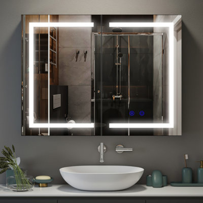 Bathroom Wall-mounted Mirror Cabinet With Led Lights And Shaver Socket, Illuminated Led Bathroom Cabinets With Mirror,demister Pad, Dimmable, 3 Colour Light
