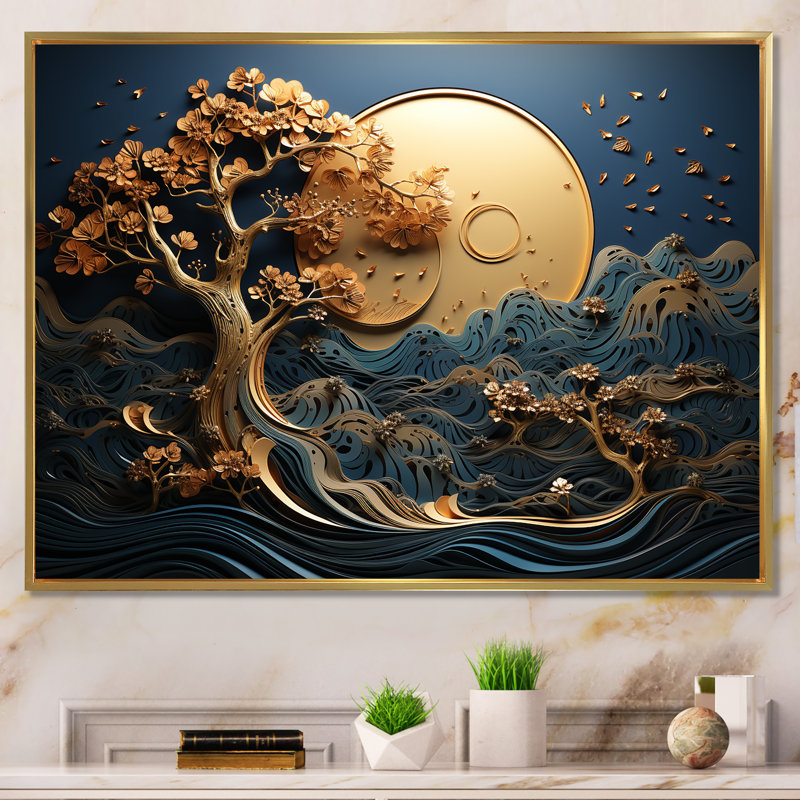 Décoration murale or et bleu Coastal Ambiance III - Arbre, Cadre flottant doré, H 34 po x l 44 po x P 1,5 po