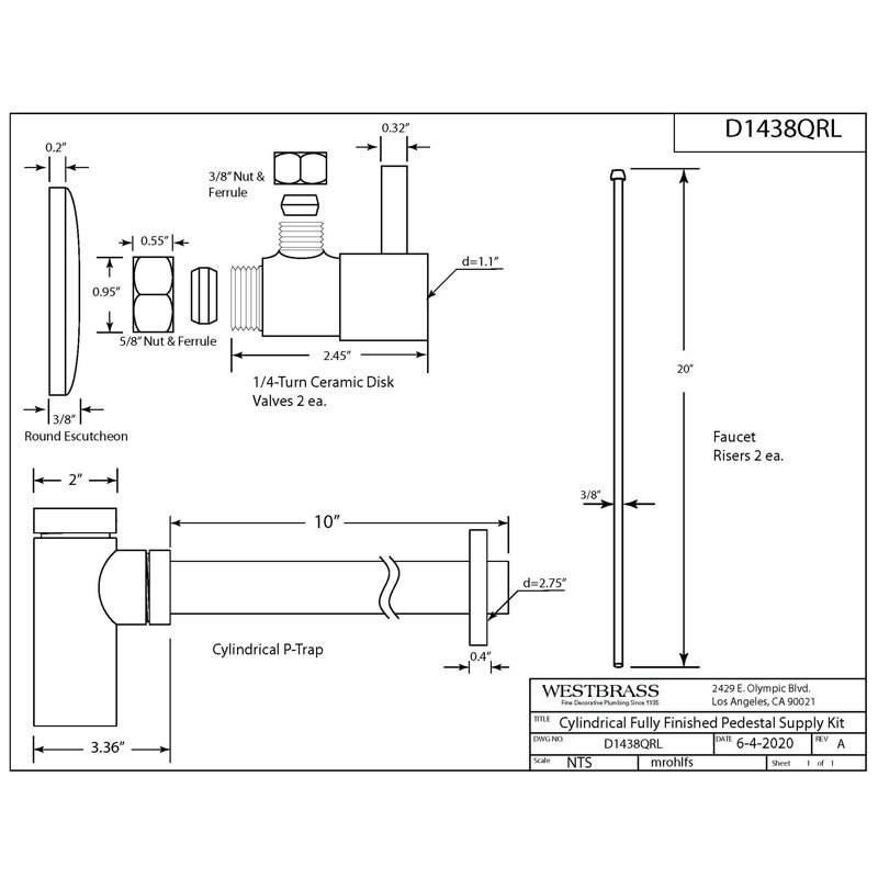 Ensemble d'alimentation pour lavabo sur pied Westbrass, Bronze huilé