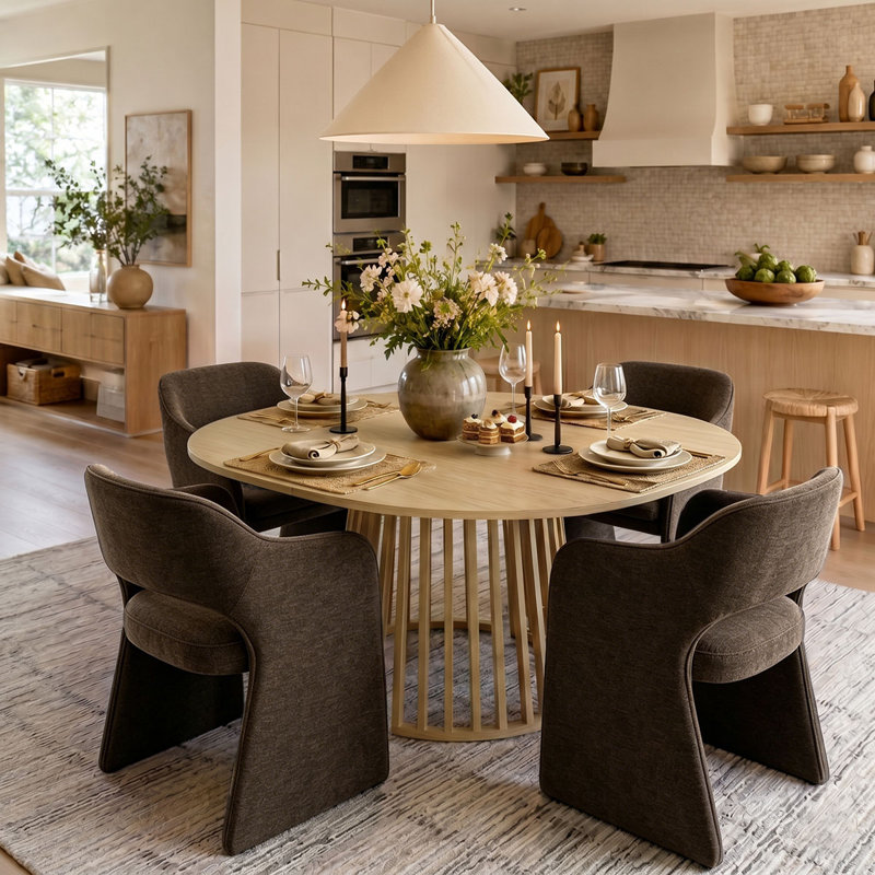 4 - Person Dining Table Sets With Extendabe Oval Table & 4 Chenille Upholstered Armchairs, Brown