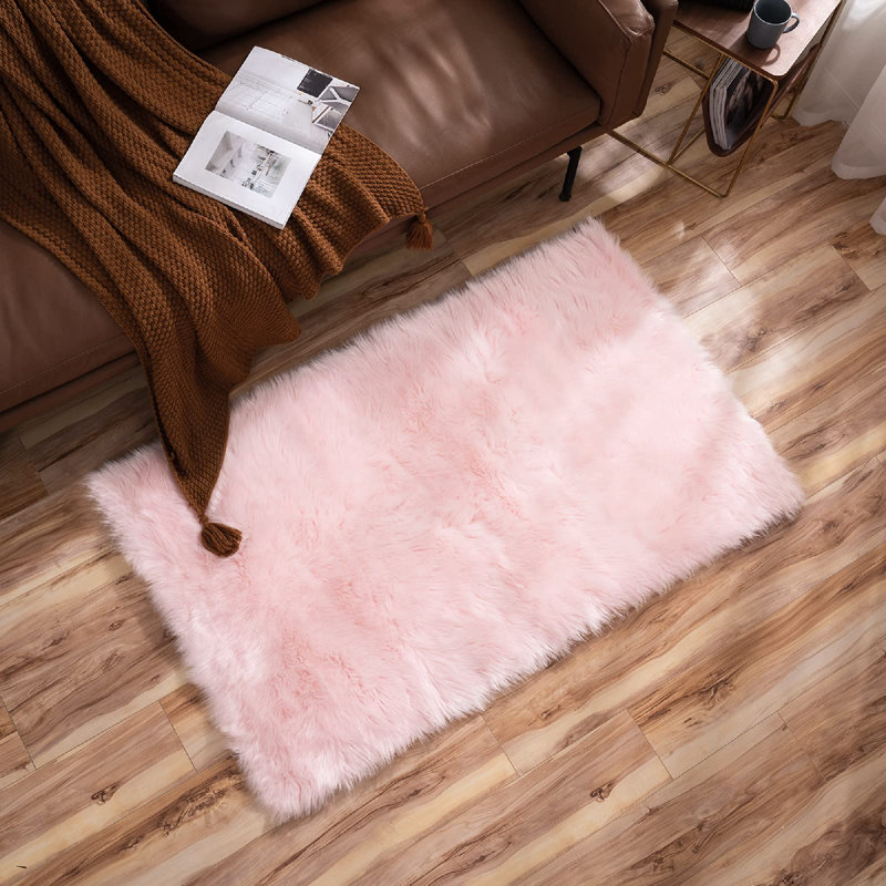 Tapis rose à poils longs fabriqué à la main Daruis, Rectangle 3 pi x 4 pi