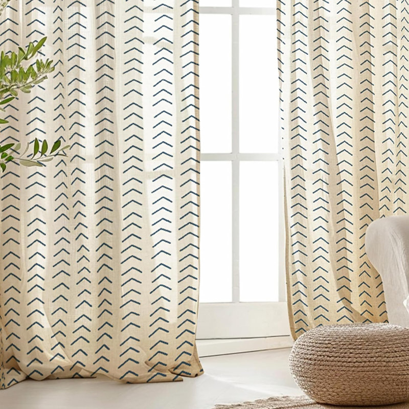 Printed Linen Farmhouse Boho Rod Pocket Curtains, 50" W x 63" L, Blue