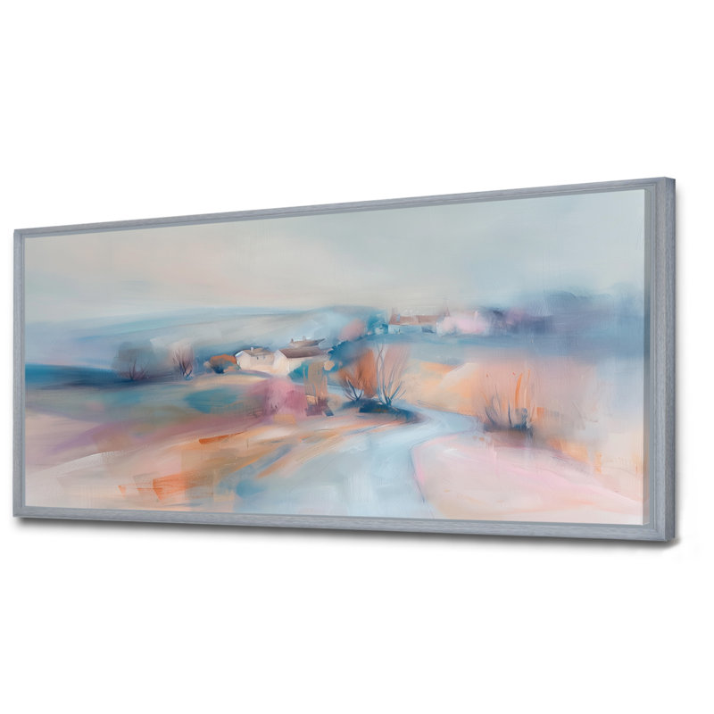 «Grey Pink Minimalisme Village Mirage II», reproduction d'art de ferme, Encadrement argenté, H 28 po x l 60 po x P 1,5 po