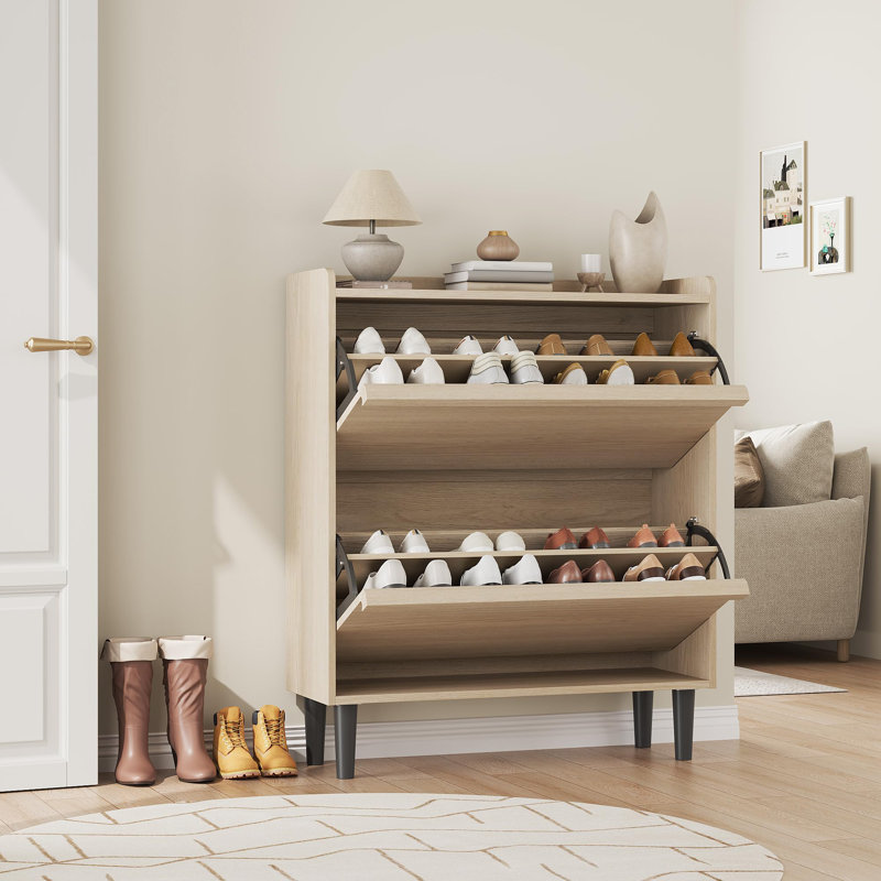30 Pair Flip Down Shoe Storage, Beige Wood