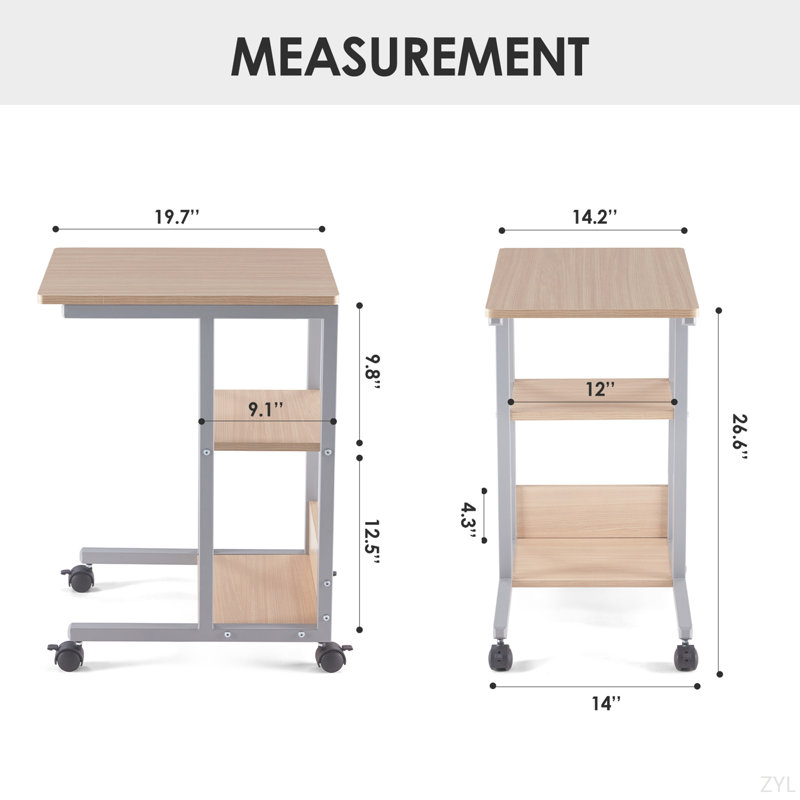 Shaped End Table With Lockable Wheels, Two-Tier Storage, Rolling Side Table For Sofa Or Bedroom, Gray, Natural