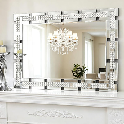 Grand miroir en cristal 28 po x 40 po pour décor avec cadre en verre biseauté
