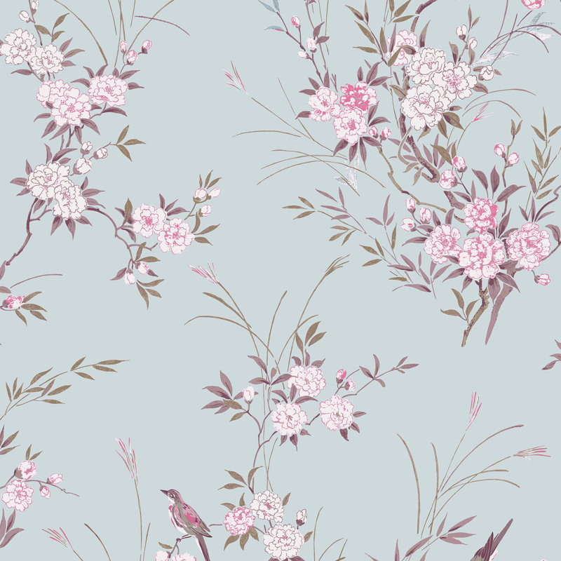 Rachel Ashwell Bird Chinoiserie Pink Gold Wallpaper, Blue