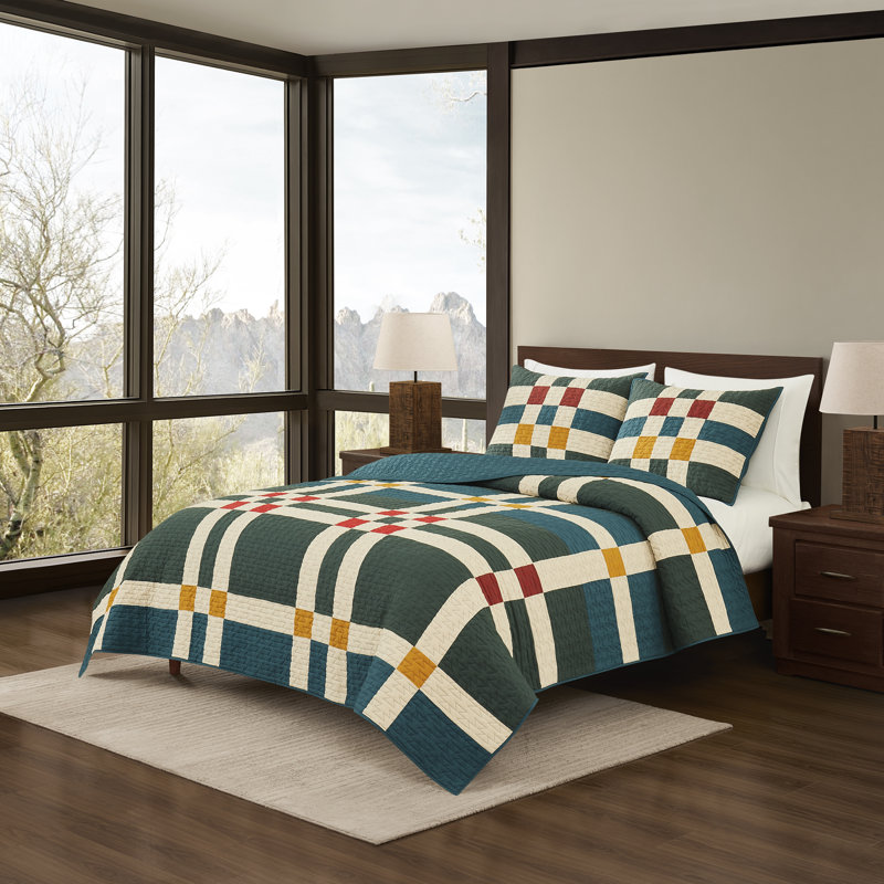 Four Square King Quilt Set Balsam Green, King Quilt + 2 King Pillow Shams