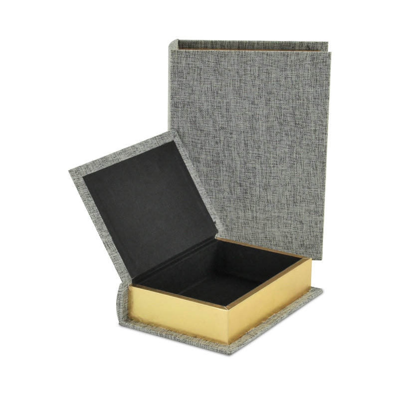 Gray Fabric Lidded Book Box Set with Gold-Finished Pages