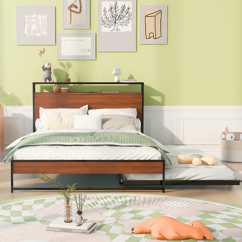 Lit plateforme en métal avec couchette et ports, avec lattes supportées. Pleine grandeur, noir. Aucun sommier tapissier requis pour la décoration de chambre à coucher