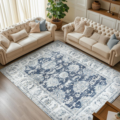 Floral Rug Vintage Botanical Print Carpet Distressed Dark Blue