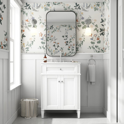 Meuble-lavabo 24 po avec lavabo, tiroir intelligent, charnières à fermeture en douceur et look élégant pour les petits meubles de 24 po, deux portes, céramique brillante basculante, salles de bain de soutien