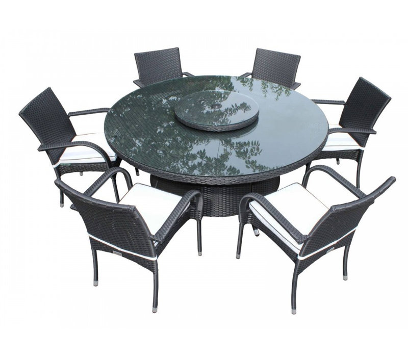 Kiska 6 - Person Patio Dining Set with Round Table , Cushions Included, Black/Vanilla