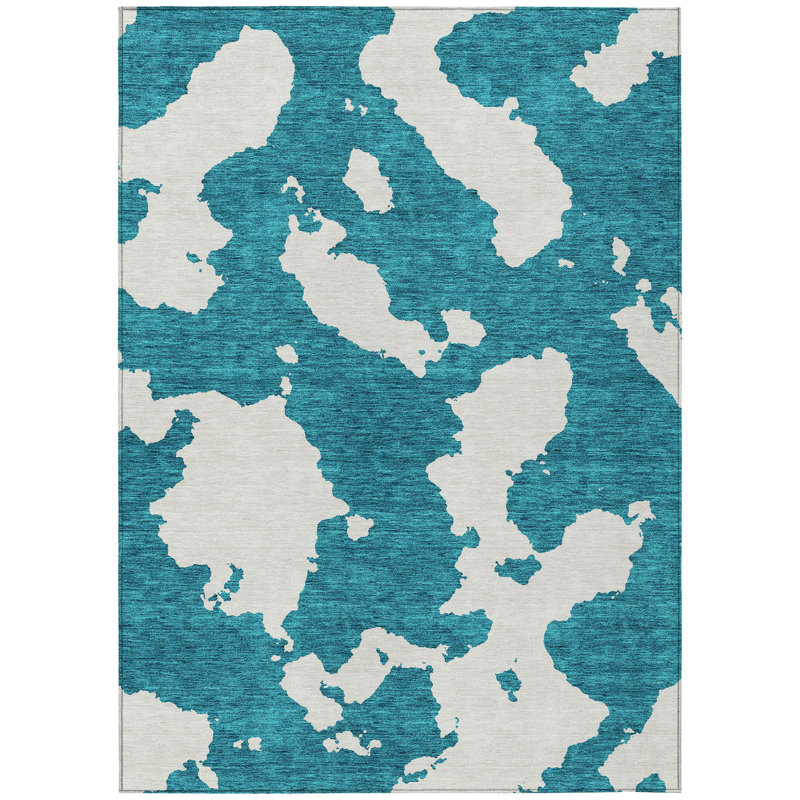 Teal Abstract Rectangular Washable Synthetic Indoor/Outdoor Rug 3' x 5'