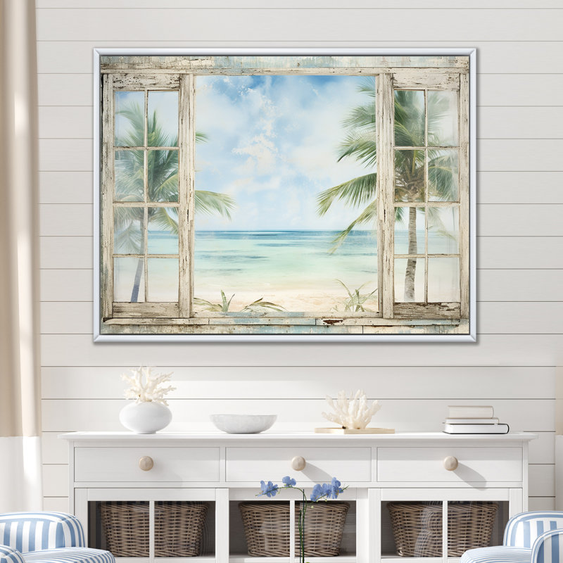 Décoration tropicale fenêtre tropicale horizon II - fenêtres côtières, H 30 po x l 40 po x P 1,5 po, Cadre flottant blanc