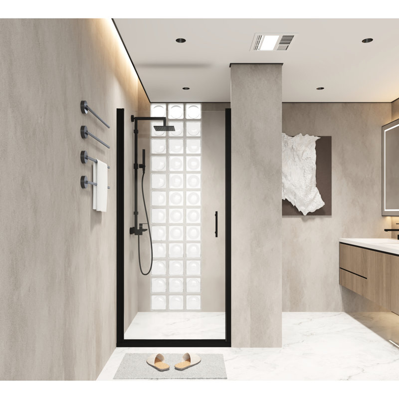 Porte de douche pivotante 34 x 72 po avec cadre en aluminium noir mat, film de preuve et poignée pratique en acier inoxydable