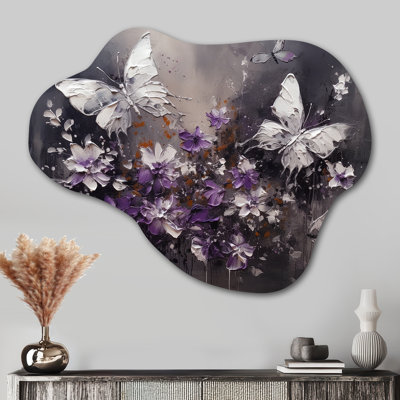 Ailes de papillon mauve et blanc et fleurs - art mural en métal floral nuage, sculpture murale asymétrique en métal