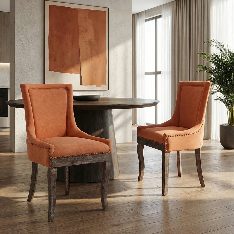 Ensemble de chaises de salle à manger Chic Mid-Century (ensemble de 2) - Dossier haut, structure en bois massif, accents bronze