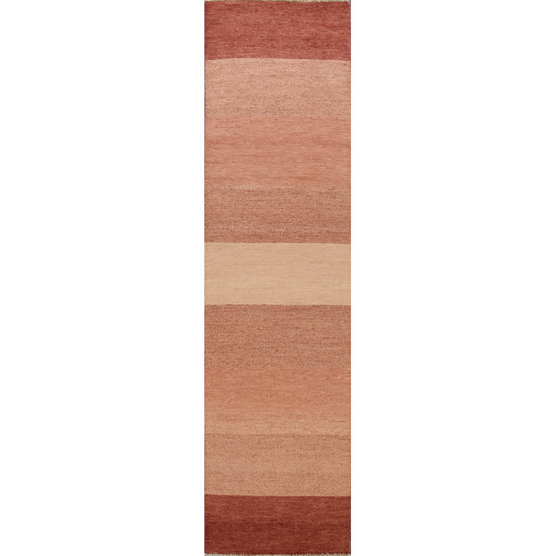 Tapis de couloir beige en laine noué à la main de conception unique 2 pi 6 po x 10 pi New Age