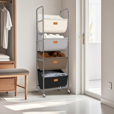 Vertical Rolling Laundry Hamper, 4 Section Laundry Sorter With Wheels And 2 Breaks, 4-Tier Laundry Baskets For Small Space, Dorm, Laundry Room, Closet, Multicolored 4-Tier
