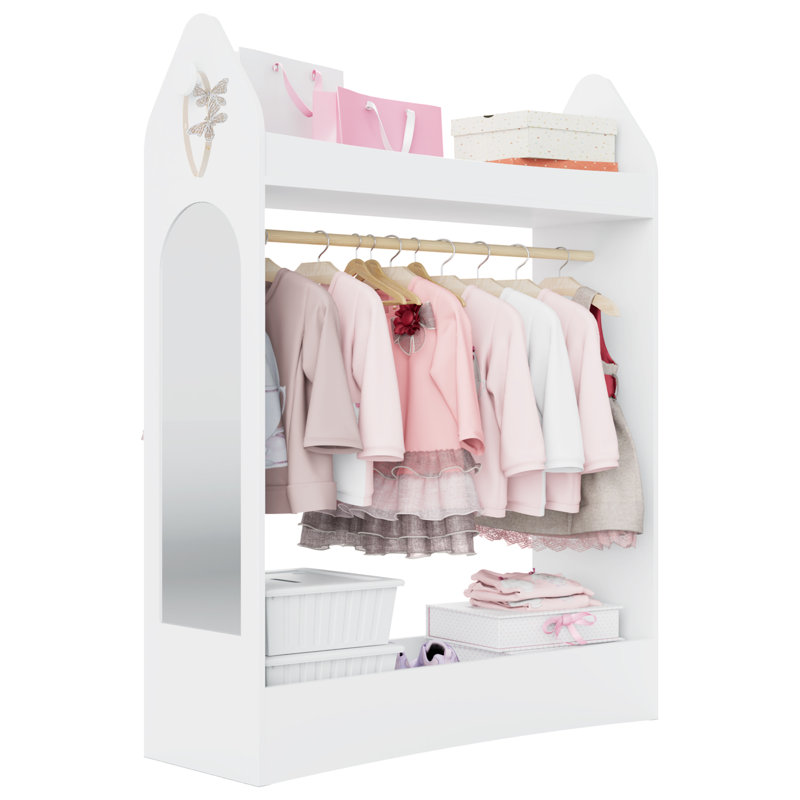 Kids Wardrobe Closet With Mirror And Storage Space, Open Hanging Armoire Closet, White