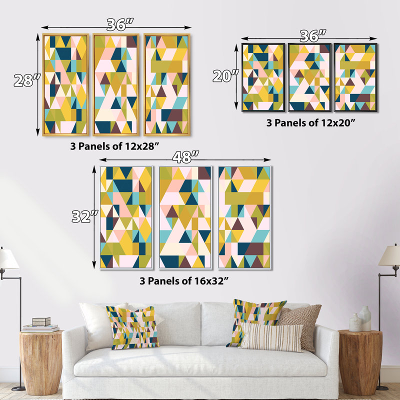 «Triangular Retro Design I», reproduction de photo sur toile 3 pièces, H 28 po x l 36 po x P 1 po, Cadre blanc