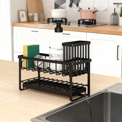 2-Tier Expandable Kitchen Sink Sponge Holder With High Brush Storage, Non-Slip Base And Removable Drip Tray For Countertop Organization