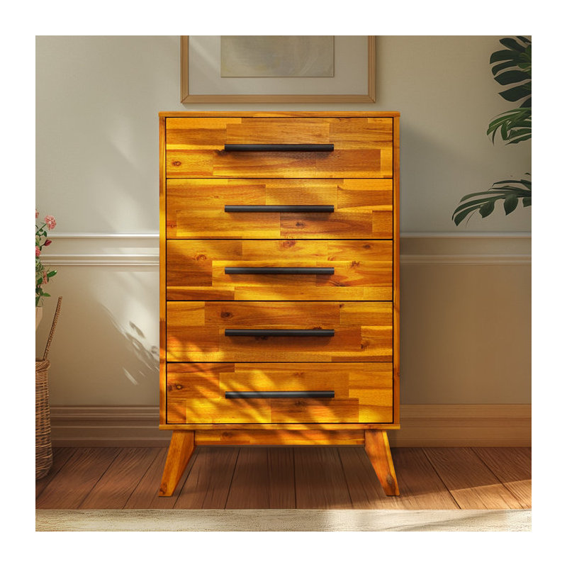 Millwood Pines Linea Solid Wood Dresser with 5 Drawers Chest of Drawers, Caramel