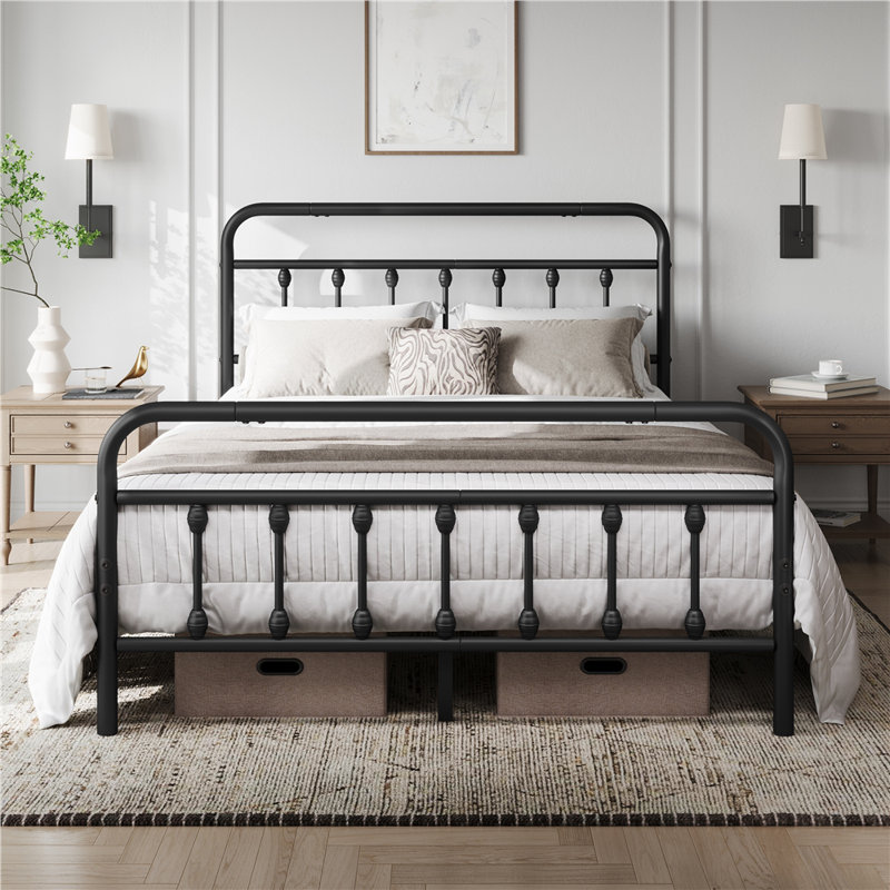 Metal Bed Frame with Vintage Headboard, Black, Double (4'6)