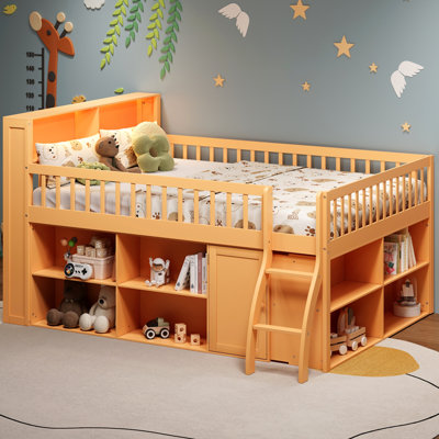 Queen Size Loft Bed with Storage, Headboard with LED Light, Natural