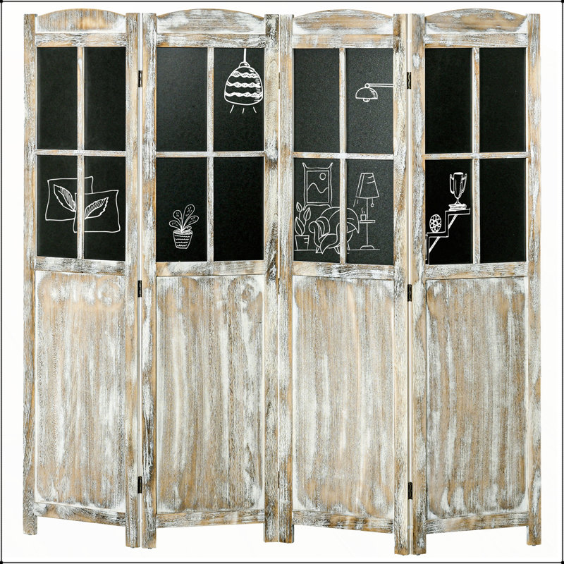 Paravent 4 panneaux pliable de style maison de campagne, écran d'intimité en bois portable avec tableaux noirs pour la maison et le bureau