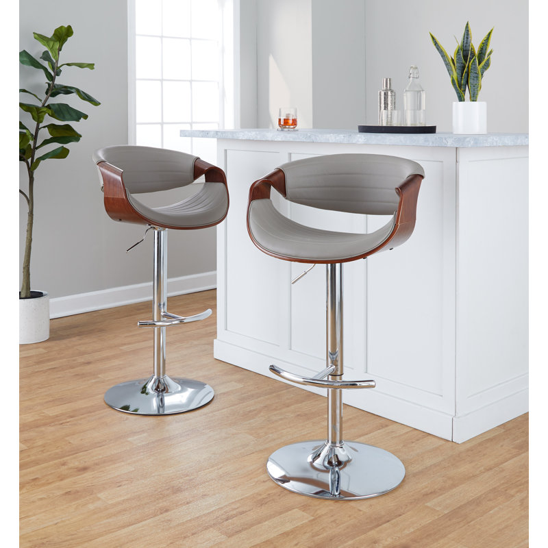 Lakyia Adjustable Faux Leather Bar Stool with Rounded T Footrest (Set of 2), Chrome, Gray/Walnut Wood