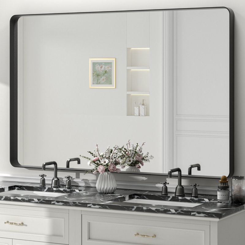 Miroir de salle de bain mural en verre trempé et métal Molly, 55 po x 36 po, Noir, Rectangle(Rounded Corner)