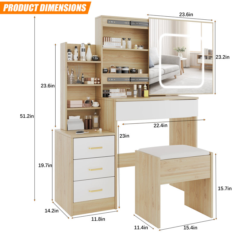 Vanity Desk with Sliding Mirror and Lights, Makeup Vanity Set with 4 Drawers, 3 Color Adjustable Lighting Modes, Makeup Dressing Table for Bedroom