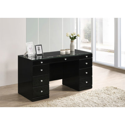 1Pc Glam Makeup Vanity Table Glass Top 9 Drawers Knobs Black Wooden Bedroom Furniture