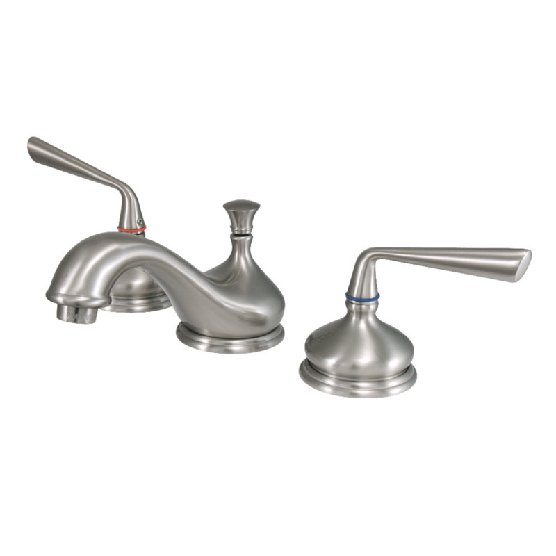 Kingston Brass Silver Sage Two-Handle 3-Hole Deck Mount Widespread Bathroom Faucet with Brass Pop-Up Drain, Satin Nickel