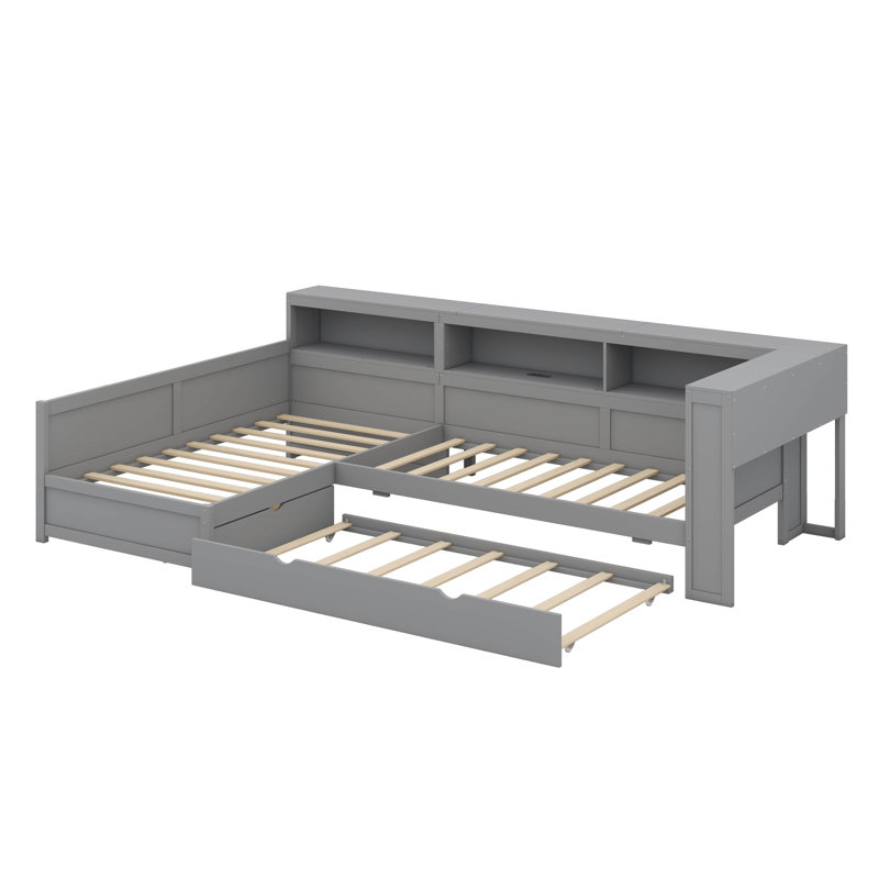 Twin-Sized L-Shaped Platform Bed With Trundle And A Single Drawer, Gray
