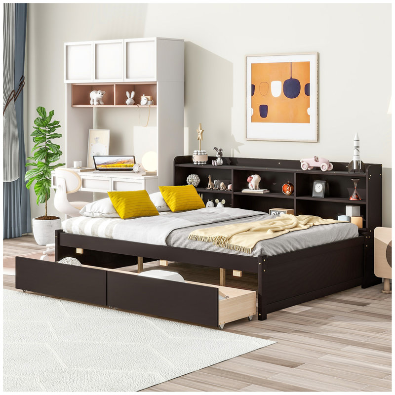 Bed with Side Bookcase, Drawers, Full/Double
