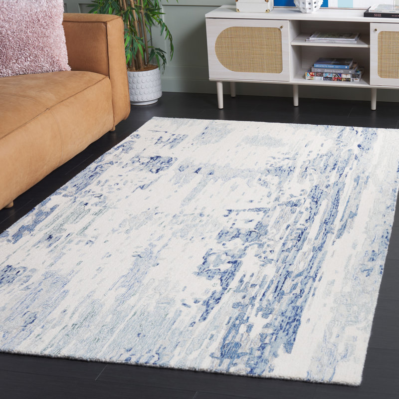 Tapis en laine / coton touffeté à la main Jayma en ivoire / bleu, Rectangle 5 pi x 8 pi