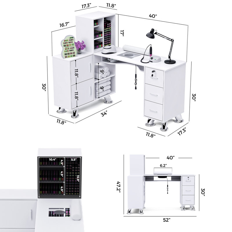 Avriel L-Shaped Manicure Table with Drawers and Shelves for Storage, Nail Table Station with Electric Dust Collector, Wrist Cushion