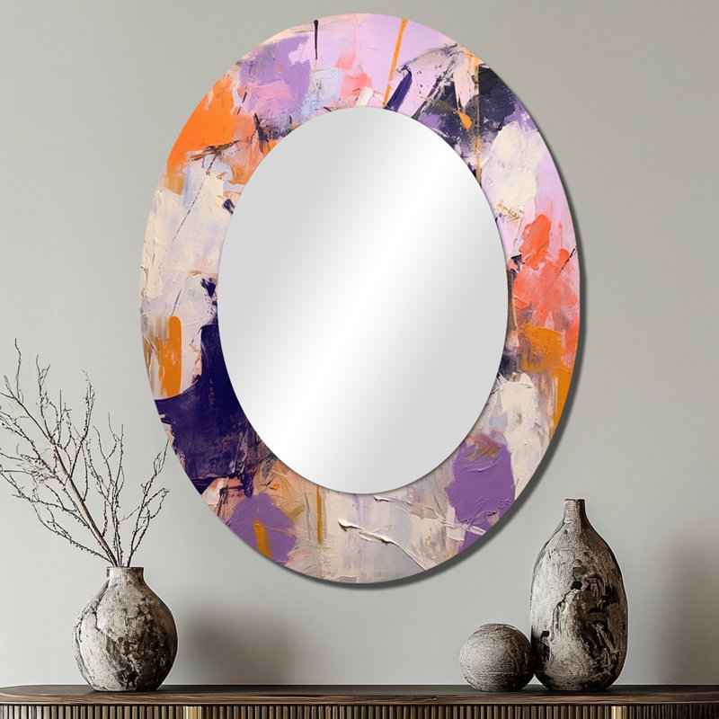Poetic Expressionism In Purple And Orange I - Abstract Oval Decorative Mirror On Metal, 40" x 30"