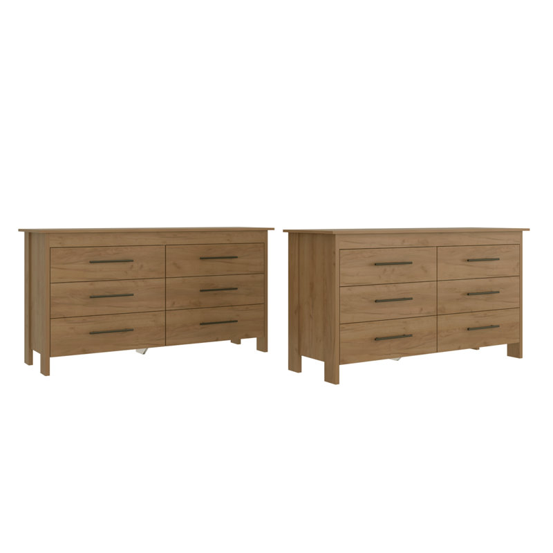 Commode 6 tiroirs chêne clair, ensemble de 2