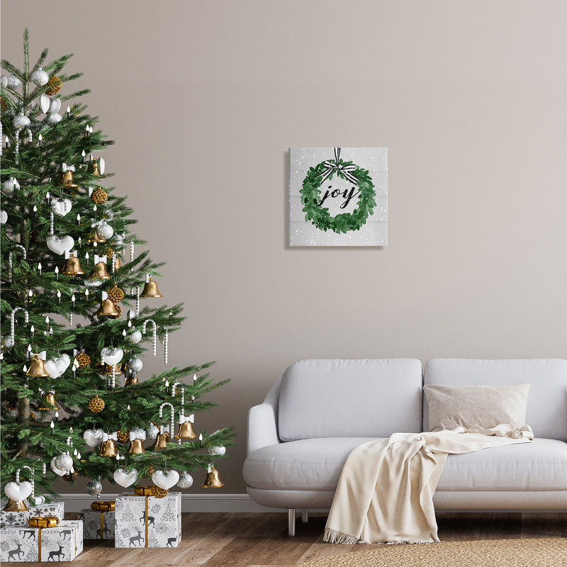 Joy, sentiment, vert, hiver, feuille, couronne, neige, motif gris, surdimensionné, rustique, H 17 po x l 17 po x P 1,5 po
